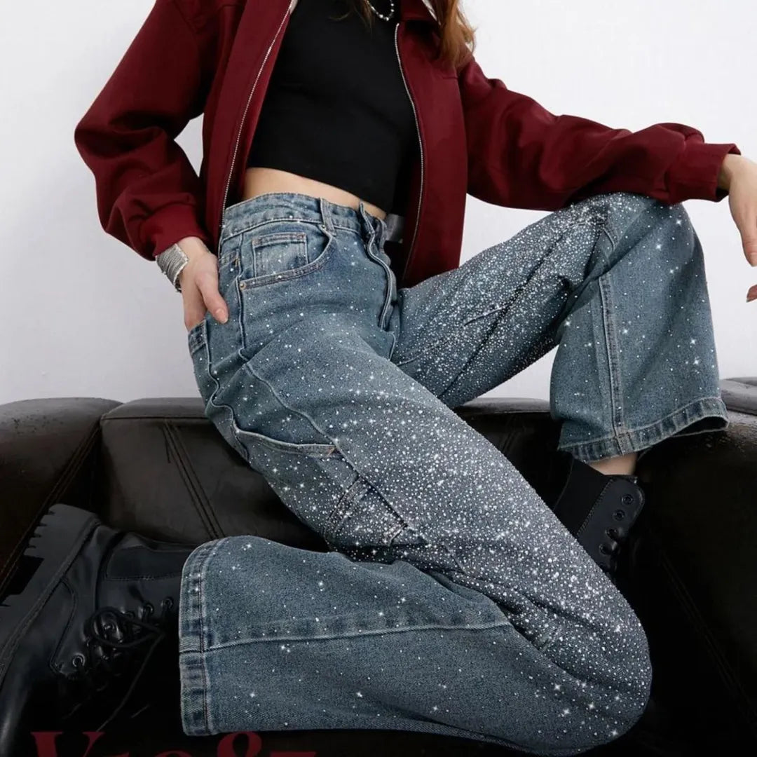Amélie™ | Jean à jambes larges orné de strass scintillants